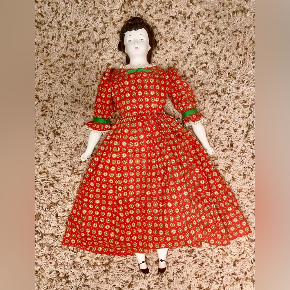 Porcelain Vintage China Head Doll Handmade Cloth Body Red Print Dress 18”